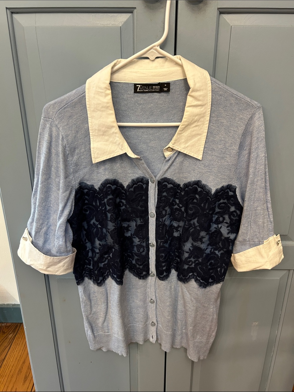 New York & Co 7th Avenue Blue Lace Panel Cardigan with Collar